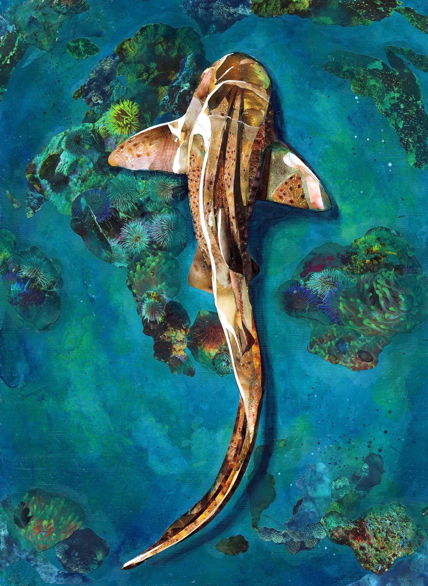 Shark swimming in an underwater environment with coral